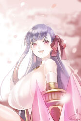 1girl :d asymmetrical_bangs blush breasts falling_petals fate_(series) hair_ribbon huge_breasts long_hair looking_at_viewer mizutame_tori o-ring o-ring_top open_mouth passionlip_(fate) petals pink_eyes pink_ribbon purple_hair ribbon round_teeth sideboob smile solo teeth upper_body