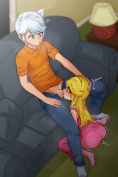  1boy 1girl absurdres ass bare_shoulders blonde_hair blue_pants blurry blurry_background blush brother_and_sister censored child_on_child denim dress el_chasconsito elbow_gloves eyebrows eyelashes fellatio from_above from_behind from_side full_body gloves green_eyes hand_on_another&#039;s_head hetero highres huge_filesize incest indoors lincoln_loud lola_loud loli long_hair looking_at_another looking_at_penis looking_down mosaic_censoring oral orange_shirt pants penis pink_dress pink_gloves pink_thighhighs profile shirt short_sleeves shota siblings sitting sleeveless sleeveless_dress t-shirt the_loud_house thighhighs tiara wariza 
