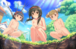 3girls black_hair blush breasts brown_eyes brown_hair censored exhibitionism idolmaster idolmaster_cinderella_girls kohinata_miho loli medium_breasts mosaic_censoring multiple_girls nipples nude nude_filter outdoors peeing public_indecency pussy small_breasts spread_pussy third-party_edit twintails rating:Explicit score:92 user:akarin_akari