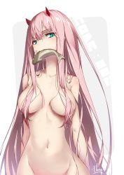 10s 1girl breasts commentary_request darling_in_the_franxx green_eyes groin hair_between_eyes hair_censor hong_(white_spider) horns long_hair looking_at_viewer medium_breasts mouth_hold navel out-of-frame_censoring pink_hair signature solo standing upper_body very_long_hair wet zero_two_(darling_in_the_franxx) rating:Questionable score:53 user:danbooru