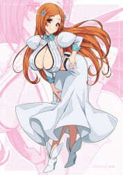 1girl \||/ artist_name bleach blush breasts brown_eyes cleavage closed_mouth collared_shirt commentary detached_sleeves english_commentary eyelashes floating_clothes floating_hair full_body hair_ornament hand_on_own_hip hand_on_own_knee head_tilt high_heels inoue_orihime juliet_sleeves large_breasts leaning_forward long_hair long_skirt long_sleeves looking_at_viewer orange_hair parted_bangs polka_dot polka_dot_background puffy_sleeves shirt simple_background skirt sleeveless sleeveless_shirt smile solo split_mouth standing star_(symbol) star_hair_ornament tareme very_long_hair virus-g white_footwear white_shirt white_skirt zoom_layer 
