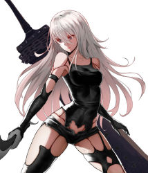 1girl android armlet arms_at_sides bare_shoulders black_footwear black_gloves black_shirt black_shorts black_thighhighs blue_eyes boots breasts broadsword chain closed_mouth collarbone covered_navel cowboy_shot drakente elbow_gloves eyelashes gloves greatsword hair_between_eyes highleg_shorts holding holding_sword holding_weapon huge_weapon joints katana legs_apart lips long_hair looking_at_viewer looking_away medium_breasts midriff mole mole_under_mouth nier:automata nier_(series) pink_lips robot_joints shirt short_shorts shorts silver_hair simple_background skin_tight sleeveless sleeveless_shirt solo standing stomach sword tank_top taut_clothes taut_shirt thighhighs very_long_hair weapon weapon_on_back white_background a2_(nier:automata) rating:Sensitive score:56 user:danbooru