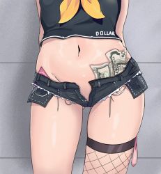  1girl arms_behind_back asymmetrical_legwear azur_lane bache_(azur_lane) banknote black_shirt commentary condom condom_in_clothes condom_wrapper cum cum_on_body cum_on_lower_body denim denim_shorts dollar_bill english_text feet_out_of_frame fishnets gluteal_fold head_out_of_frame hip_focus micro_shorts midriff money monushi navel neckerchief open_fly shirt short_shorts shorts skindentation solo standing stomach thigh_gap thighhighs tucked_money uneven_legwear used_condom yellow_neckerchief  rating:Explicit score:354 user:danbooru
