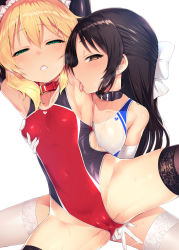 2girls armpits arms_up black_legwear blonde_hair blue_bow blush bow breasts breath brown_eyes brown_hair cameltoe collar competition_swimsuit covered_erect_nipples cowboy_shot earrings elbow_gloves female_focus gloves grabbing grabbing_another&#039;s_breast grabbing_from_behind green_eyes groping hair_bow hairband half-closed_eyes highleg highleg_swimsuit highres idolmaster idolmaster_cinderella_girls jewelry leg_up licking licking_armpit loli lolita_hairband long_hair looking_at_viewer multiple_girls naughty_face one-piece_swimsuit open_mouth profile pussy_juice sakurai_momoka saliva satou_kuuki short_hair simple_background small_breasts spread_legs swimsuit tachibana_arisu thighhighs tongue tongue_out wavy_hair white_background white_legwear yuri rating:Explicit score:309 user:danbooru