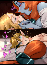  1boy 2girls absurdres after_kiss bed_sheet blonde_hair blue_eyes blush colored_skin commentary english_commentary eye_contact from_side grey_nails grey_skin hair_between_eyes heart highres kiss link long_hair looking_at_another lying medium_hair midna midna_(true) multiple_girls nail_polish nintendo nude on_back orange_hair parted_lips pointy_ears princess_zelda red_eyes snegovski teeth the_legend_of_zelda the_legend_of_zelda:_twilight_princess tongue tongue_out yuri  rating:Questionable score:149 user:danbooru