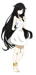  absurdres amputee anklet barefoot black_hair blue_eyes dress feet highres jewelry legs long_hair smile toes very_long_hair  rating:Sensitive score:6 user:relic77