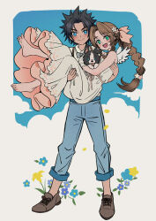  1boy 1girl aerith_gainsborough aged_down alternate_costume angel_wings animal bare_shoulders barefoot black_hair blue_eyes blue_pants blush bow bowtie braid braided_ponytail brown_footwear brown_hair carrying closed_mouth collared_shirt couple crisis_core_final_fantasy_vii denim dog dress feet final_fantasy final_fantasy_vii final_fantasy_vii_rebirth final_fantasy_vii_remake flower full_body green_eyes grey_bow grey_bowtie hair_flower hair_ornament hair_ribbon huosheanng jeans long_hair looking_at_viewer open_mouth pants parted_bangs pink_ribbon princess_carry ribbon shirt smile spiked_hair standing white_dress white_shirt white_wings wings zack_fair 
