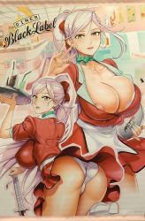  absurdres areola_slip ass blush breast_press breasts breasts_out brown_eyes cafe cleavage diner heels highres huge_ass huge_breasts large_breasts official_art panties pantyshot pink_hair sagiri_yuuko satou_shouji shirt skirt soda sweat sword sword_girls taut_clothes tight_clothes tight_shirt tray triage_x underwear upskirt waitress waitress_uniform weapon 
