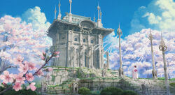  1girl architecture blue_sky brown_hair building cathedral check_commentary cherry_blossoms cloud commentary_request day facing_away floral_print flower hair_flower hair_ornament highres japanese_clothes kimono moss obi original outdoors overgrown pink_flower pink_kimono pink_sash sash scenery sky spire stairs standing stone_building stone_stairs tenca_arts tree very_wide_shot wide_shot wind 
