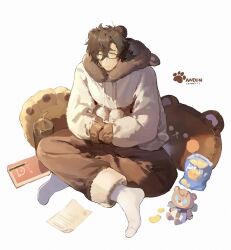  1boy alchemy_stars animal-shaped_pillow animal_ears animal_hood antony_(alchemy_stars) bag_of_chips bear_boy bear_ears bear_hood brown_hair brown_jacket brown_pants chinese_commentary chips_(food) commentary_request dadijiji drinking_straw facial_scar food glasses hands_in_opposite_sleeves highres hood hoodie indian_style jacket male_focus notebook pants paper paw_print pillow potato_chips scar scar_on_cheek scar_on_face sitting socks stuffed_animal stuffed_toy tumbler white_background white_socks yellow_eyes 