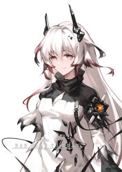  1girl arknights black_dress chinese_commentary cleavage_cutout clothing_cutout colored_tips commentary_request dress horns long_hair looking_at_viewer material_growth multicolored_hair nanxianyiduan oripathy_lesion_(arknights) pink_eyes pink_hair simple_background smile solo theresa_(arknights) two-tone_hair upper_body watermark white_background white_dress white_hair 