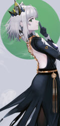  1girl absurdres arknights backless_dress backless_outfit black_dress black_gloves black_pantyhose blunt_bangs dress from_side gloves green_eyes grey_background grey_hair highres kal&#039;tsit_(arknights) ligod looking_at_viewer looking_to_the_side medium_hair pantyhose profile solo 