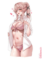  1girl artist_name bikini bikini_under_clothes blush breasts center_opening cleavage commentary_request ebifurya front-tie_bikini_top front-tie_top hair_ornament heart highres kantai_collection large_breasts long_hair looking_at_viewer navel one-hour_drawing_challenge open_mouth pink_bikini pink_hair ponytail shirt side-tie_bikini_bottom simple_background sleeves_rolled_up smile solo stomach swimsuit thighs twitter_username white_background white_shirt yellow_eyes yura_(kancolle) 