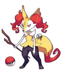animal_ears braixen creatures_(company) fox_ears fox_tail furry game_freak gen_6_pokemon highres holding nintendo poke_ball pokemon pokemon_(creature) red_eyes signature solo stick tail transparent_background white_fur xyliax yellow_fur