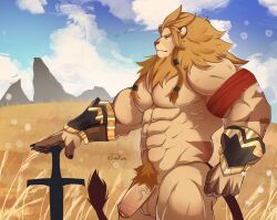  1boy abs absurdres afk_arena afk_journey animal_ears bara blue_sky brutus_(afk_arena) claws cloud cloudy_sky commentary drawreshi english_commentary field furry furry_male grasslands highres holding holding_sword holding_weapon lion_boy lion_ears lion_mane lion_tail male_focus mountain nude pectorals penis profile sky sword tail testicles weapon 