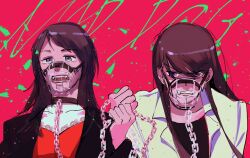  2girls absurdres bang_dream! bang_dream!_it&#039;s_mygo!!!!! black_collar black_jacket black_shirt blue_eyes brown_hair chain chain_leash collar english_text fangs highres holding holding_chain jacket leash long_hair looking_at_viewer mole mole_under_eye multiple_girls muzzle open_clothes open_jacket open_mouth prigpet purple_eyes red_background red_shirt shiina_taki shirt simple_background upper_body white_shirt yahata_umiri 