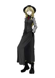1girl alternate_costume bad_id bad_pixiv_id blonde_hair boots braid chulain female_focus full_body ghost_in_the_shell ghost_in_the_shell_stand_alone_complex hat kamata_yuuya kirisame_marisa long_hair necktie parody solo standing touhou transparent_background vest white_background yellow_eyes rating:Sensitive score:7 user:danbooru