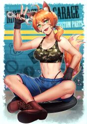  1girl absurdres animal_ears black_gloves blue_shorts breasts brown_hair camouflage cleavage commission facial_mark fangs fingerless_gloves fox_ears fox_girl fox_tail gloves green_eyes highres holding holding_wrench koarujpg large_breasts navel open_mouth original short_ponytail shorts sitting solo sports_bra tail tire wrench 