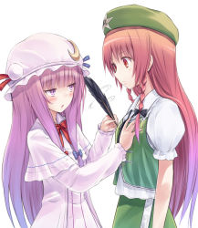 2girls :o blush body_writing bow braid breasts crescent dress embodiment_of_scarlet_devil feathers female_focus grabbing grabbing_another&#039;s_breast gradient_hair hair_bow hand_on_another&#039;s_chest hat hong_meiling jitome left-handed long_hair multicolored_hair multiple_girls open_mouth patchouli_knowledge purple_eyes purple_hair quill red_eyes red_hair simple_background small_breasts spinning star_(symbol) suzushiro_yukari touhou twin_braids very_long_hair white_background yuri rating:Sensitive score:16 user:danbooru