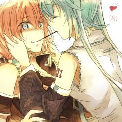 2girls aqua_hair armband bad_id bad_pixiv_id blush collared_shirt dated detached_sleeves embarrassed closed_eyes food hair_between_eyes hands_on_another&#039;s_face hatsune_miku heart imminent_kiss long_hair looking_at_another megurine_luka mouth_hold multiple_girls open_clothes open_shirt pink_hair pocky pocky_kiss shared_food shirt shy sleeveless sleeveless_shirt smile sweatdrop tattoo twintails upper_body vocaloid yuri yuuyu_(777) rating:Sensitive score:17 user:danbooru