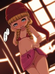  1girl bikini bikini_top_only blonde_hair blue_eyes blunt_bangs braid cleft_of_venus clothes_lift covered_erect_nipples dragon_quest dragon_quest_xi dutch_angle female_focus flat_chest hand_on_own_face hat loli looking_at_viewer navel no_panties open_mouth pink_skirt pussy red_hat skirt skirt_lift smile solo stupa13a swimsuit tagme translated twin_braids uncensored veronica_(dq11)  rating:Explicit score:256 user:Dweenie