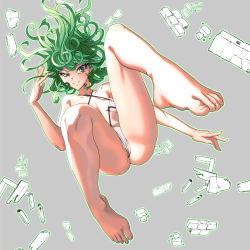 1girl ass aura bare_legs barefoot bikini breasts commentary_request curly_hair don_(rg06268) eyelashes feet female_focus floating green_eyes green_hair grey_background highres looking_at_viewer one-piece_swimsuit one-punch_man petite shiny_skin short_hair side_slit simple_background slingshot_swimsuit small_breasts soles solo swimsuit tatsumaki telekinesis white_one-piece_swimsuit rating:Questionable score:121 user:Vardigiil