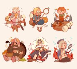  3boys 3girls animal_ears armor artist_name backpack bag black_hair blonde_hair blue_robe blush brown_footwear brown_hair cat_ears character_name chibi chilchuck_tims closed_eyes dragon dreaming dryad_fruit_(dungeon_meshi) dungeon_meshi dwarf eating fake_horns falin_touden finger_twirl fingerless_gloves food gloves helmet highres holding holding_staff horned_helmet horns izutsumi ladle laios_touden light_brown_hair luchichufer marcille_donato mimic multiple_boys multiple_girls neck_warmer pointy_ears robe senshi_(dungeon_meshi) sheath sheathed shell sitting slime_(substance) soup staff sword tail weapon 