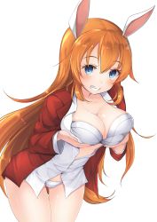  1girl absurdres animal_ears blue_eyes bra breast_hold breasts cameltoe charlotte_e._yeager cleavage grin highres inu3li large_breasts long_hair looking_at_viewer orange_hair panties rabbit_ears rabbit_girl smile solo strike_witches underwear white_background world_witches_series 