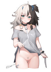  1girl ahoge black_hair cleft_of_venus closed_mouth clothes_lift cropped_legs dress dress_lift eatchel_gustav female_pubic_hair green_eyes grey_dress hair_between_eyes highres lifted_by_self long_hair looking_at_viewer multicolored_hair one_side_up pubic_hair pussy short_sleeves simple_background snowbreak:_containment_zone solo split-color_hair stmast thigh_gap two-tone_hair wavy_mouth white_background  rating:Explicit score:72 user:danbooru