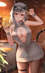  1girl :o absurdres animal_ears bandaged_head bandages bare_shoulders blurry breasts brown_pantyhose cat_ears cat_tail claw_pose cleavage depth_of_field fake_animal_ears fake_tail goddess_of_victory:_nikke grey_hair grey_sweater hair_ribbon highres large_breasts long_hair meme_attire modernia_(nikke) open-chest_sweater pantyhose parted_lips red_eyes ribbed_sweater ribbon sidelocks solo sweater tail turtleneck turtleneck_sweater yellow_ribbon yomining 