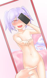 1girl blush cellphone censored collarbone convenient_censoring dutch_angle female_focus flat_chest hair_ornament hairclip highres holding holding_phone kaede_haya_(lo0831lo) loli meme mirror navel nude one_finger_selfie_challenge_(meme) open_mouth original phone reflection selfie smartphone solo standing teeth twintails rating:Questionable score:62 user:Domestic_Importer