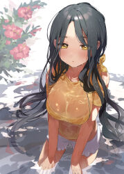  1girl absurdres bare_shoulders black_hair blush breasts clothing_cutout commentary dark-skinned_female dark_skin flower hands_on_own_knees highres large_breasts long_hair looking_at_viewer original red_flower shallow_water shirt short_shorts short_sleeves shorts shoulder_cutout solo wading water wet wet_clothes wet_face wet_shirt white_shorts yanyo_(ogino_atsuki) yellow_eyes yellow_shirt 