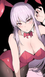 1girl animal_ears bow bowtie breasts cleavage fake_animal_ears highres hololive hololive_english large_breasts leotard long_hair looking_at_viewer mori_calliope pink_eyes pink_hair playboy_bunny rabbit_ears rabbit_tail red_bow red_bowtie red_leotard sak1_01 solo straight_hair tail virtual_youtuber 