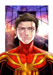 1boy absurdres animification black_eyes blood blood_on_face border brooklyn_bridge brown_hair frown highres lens_flare male_focus marvel marvel_cinematic_universe new_york_city oosawa_yuusuke outside_border peter_parker portrait solo spider-man:_no_way_home spider-man_(series) straight-on white_border
