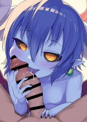  1boy 1girl bar_censor black_nails black_sclera blue_hair blue_nipples blush breasts censored cheek_press colored_nipples colored_sclera demon_girl demon_horns earrings erection fang fellatio hair_between_eyes heart heart-shaped_pupils hetero highres horns jewelry licking licking_penis nail_polish nipples nyarla open_mouth oral penis pointy_ears pov saliva shinrabanshou small_breasts smile symbol-shaped_pupils templus tongue tongue_out yellow_eyes  rating:Explicit score:119 user:ponekad