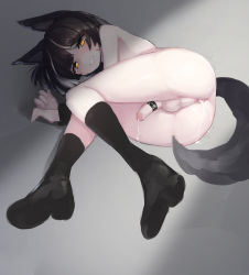  1boy absurdres animal_ears black_hair black_socks cuffs cum cum_in_ass drooling highres nude on_floor penis ruchi_(pixiv32092284) short_hair simple_background socks solo tail tears trap yellow_eyes  rating:Explicit score:95 user:NoScript