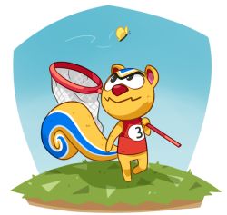  1boy animal_crossing blue_sky bug butterfly butterfly_net grass hand_net insect looking_up nintendo red_shirt ricky_(animal_crossing) roshambxo shirt sky squirrel transparent_background walking 