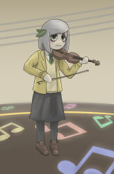  1girl black_pantyhose black_skirt bow_(music) brown_footwear brown_hair closed_mouth eyelashes eyeshadow full_body green_necktie highres holding holding_bow_(music) holding_instrument holding_violin instrument jacket looking_at_viewer makeup mentha_(menthalovely) mii_(nintendo) musical_note necktie nintendo no_nose original pantyhose shirt short_hair skirt solo staff_(music) standing sweater_vest violin white_shirt wii_music yellow_jacket yellow_sweater_vest 