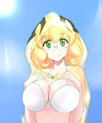  1girl arc_system_works blazblue blazblue_phase_0 blonde_hair blue_sky breast_suppress breasts cloak collarbone day glasses green_eyes hands_on_own_chest hood large_breasts looking_at_viewer morokoshi outdoors round_eyewear sky smile solo sun sunlight tareme trinity_glassfield upper_body 