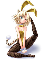  1girl animal_ear_fluff animal_ears animal_print aqua_eyes bare_shoulders blonde_hair bow bowtie breasts brown_pantyhose byakko_(nijiura_maids) cleavage closed_mouth collarbone detached_collar eyes_visible_through_hair facial_mark fake_animal_ears flexible frown full_body futaba_channel hair_intakes highleg highleg_leotard kuma_(kumahoihoi) leg_up leotard nijiura_maids one_eye_closed pantyhose playboy_bunny print_pantyhose rabbit_ears scratching_head shadow short_hair simple_background sitting slit_pupils small_breasts solo strapless strapless_leotard striped_tail tail tiger_ears tiger_girl tiger_print tiger_tail v_arms whisker_markings white_background wrist_cuffs yellow_bow yellow_bowtie yellow_leotard 