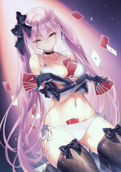  1girl absurdres between_breasts bikini black_choker black_gloves black_ribbon black_thighhighs blush breasts breasts_squeezed_together card card_between_breasts choker cleavage commission elbow_gloves floating_card gloves hair_between_eyes highres hirano_katsuyuki holding holding_card kneeling large_breasts long_hair looking_at_viewer navel original pink_hair pixiv_commission playing_card ribbon smile solo swimsuit thighhighs twintails white_bikini yellow_eyes 