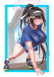  1girl arm_behind_back black_footwear black_hair blue_archive blue_buruma blue_shirt blue_sky blush bralines breasts brick_(atelier_brick) buruma clothes_around_waist cloud commentary commission day exercising full_body gym_uniform hair_between_eyes hair_ribbon halo headband highres indoors jacket jacket_around_waist large_breasts long_hair looking_at_viewer outside_border parted_lips pixiv_commission ponytail purple_eyes push-ups ribbon see-through see-through_shirt shadow shirt shoes short_sleeves sidelocks sky sneakers socks solo sumire_(blue_archive) sweat t-shirt thighs very_long_hair wet wet_clothes wet_shirt white_headband white_ribbon white_socks 