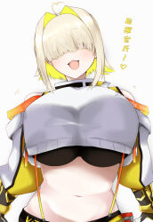  1girl :3 absurdres ahoge blonde_hair breasts clothing_cutout commentary_request cropped_jacket elegg_(nikke) eyes_visible_through_hair fang goddess_of_victory:_nikke hair_intakes hair_over_eyes highres kyouno_komatsu large_breasts light_blush long_bangs long_sleeves looking_at_viewer navel open_mouth shoulder_cutout simple_background solo translation_request upper_body white_background  rating:Sensitive score:20 user:danbooru