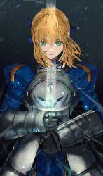  1girl ahoge armor armored_dress artoria_pendragon_(all) artoria_pendragon_(fate) blue_dress blue_ribbon braid breastplate closed_mouth commentary_request dress excalibur_(fate/stay_night) expressionless fate/stay_night fate_(series) french_braid gauntlets green_eyes hair_ribbon highres holding holding_sword holding_weapon invisible_air_(fate) juliet_sleeves kdm_(ke_dama) long_sleeves plackart puffy_sleeves ribbon saber_(fate) short_hair sidelocks solo sword weapon 
