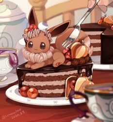  amezawa_koma animal_focus black_eyes blurry blurry_background blurry_foreground cake cake_slice chocolate_cake commentary creature_as_food creatures_(company) cup dated depth_of_field eevee food fork from_side game_freak gen_1_pokemon highres holding holding_fork looking_at_viewer nintendo out_of_frame plate pokemon pokemon_(creature) signature symbol-only_commentary teacup tongue tongue_out whipped_cream 