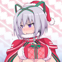  1girl alternate_costume asahi blush breasts christmas embarrassed full_body gift gloves hat highres holding holding_gift huge_breasts koume_mikake lilith-soft long_hair looking_back official_alternate_costume purple_eyes santa_costume santa_hat shiny_skin simple_background taimanin_(series) 