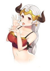 1girl :p aliza_(granblue_fantasy) bare_shoulders bottomless breasts cleavage collarbone commentary_request draph fellatio_gesture granblue_fantasy groin hazuki_(115483948) headpiece horns medium_breasts navel orange_eyes pointy_ears simple_background solo tongue tongue_out upper_body white_background rating:Questionable score:11 user:danbooru