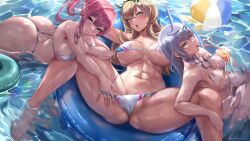  3girls abs absurdres areola_slip ass ball baobhan_sith_(fate) bare_arms bare_shoulders barghest_(fate) beachball bikini blonde_hair blush breasts closed_mouth commentary drinking english_commentary fate/grand_order fate_(series) from_above green_eyes grey_eyes grey_hair highres innertube large_breasts long_hair melusine_(fate) multiple_girls muscular muscular_female open_mouth partially_submerged pointy_ears ponytail queasy_s red_hair smile swim_ring swimsuit thighs underboob water white_bikini yellow_eyes 