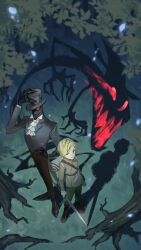  2boys arm_at_side ascot backpack bag belt black_hat blonde_hair brown_pants closed_mouth demon fantasy from_above green_pants grey_shirt hand_on_own_hip hat highres holding holding_sword holding_weapon kodoku_no_supuraito long_sleeves male_focus multiple_boys pants red_eyes saijo-m shadow shirt short_hair sword top_hat tree tunic weapon white_ascot 