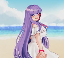  bb_(fate) beach bracelet breasts dress fate_(series) flower flower_bracelet highres holding_hands jewelry large_breasts long_hair looking_at_viewer looking_back necklace ocean pov pov_hands purple_eyes purple_hair red_flower red_ribbon ribbon ring sand sleepyatelier smile sundress very_long_hair white_dress  rating:Sensitive score:7 user:nollypop